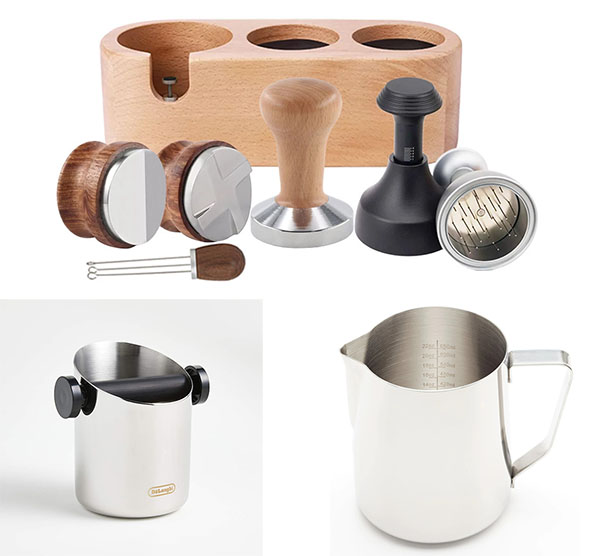 Coffeemashines features - burger grinder, espresso tamper, pither of steam