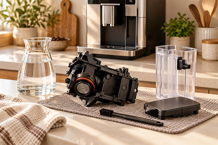A contemporary espresso machine dispensing coffee into two cups.