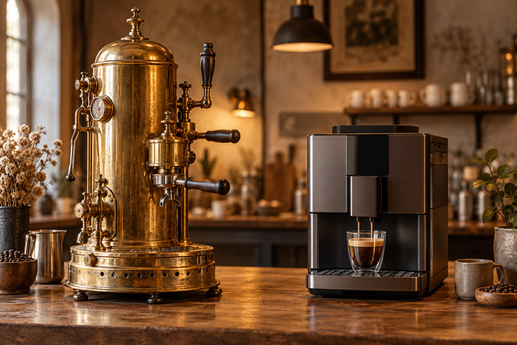 A vintage vertical-boiler coffee machine beside a contemporary automatic machine.