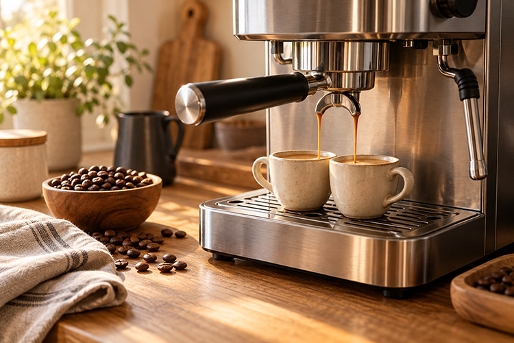 A removable brew group, cleaning brush and disassembled milk container beside a coffee machine.