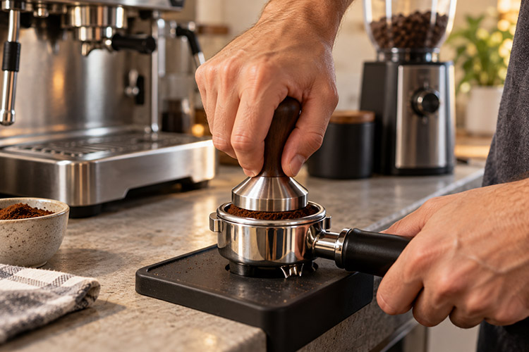 Tamping ground coffee in an espresso portafilter.