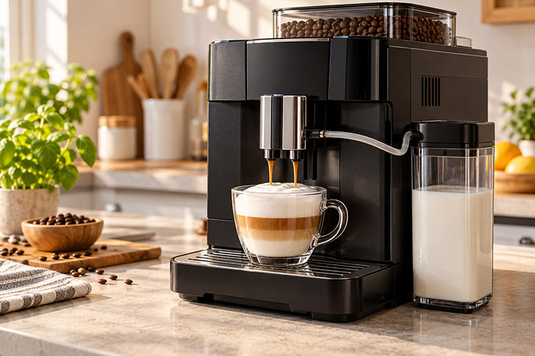 A fully automatic espresso machine with a milk system preparing cappuccino.