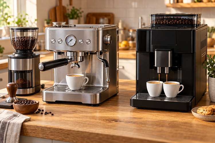 A semi-automatic espresso machine with a grinder beside a fully automatic bean-to-cup machine.