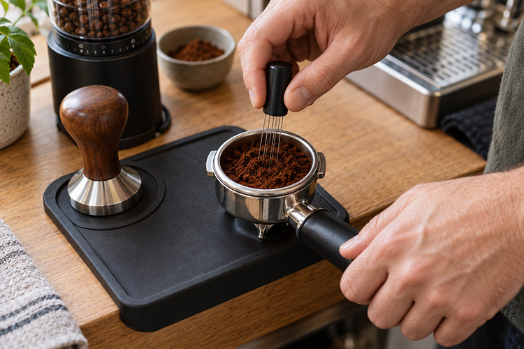 Distributing espresso grounds evenly with a WDT tool