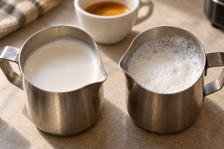 glossy microfoam compared with coarse, bubbly milk foam.